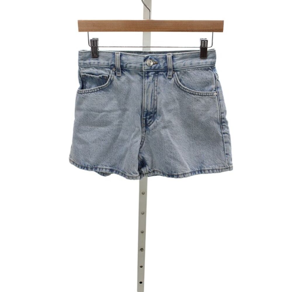 MNG Women Mom Shorts Blue 100% Cotton Solid Summer Button Size 2